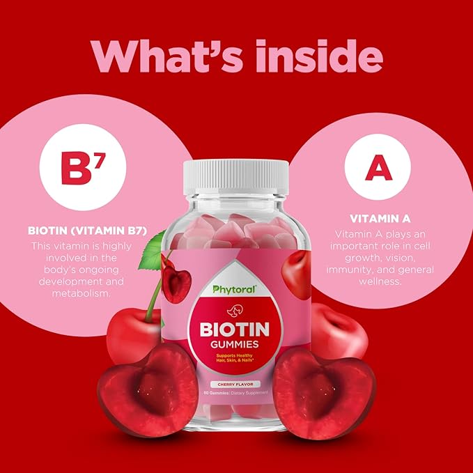 Phytoral Biotin Gummies for Hair and Nail Growth - Biotin Gummies for Hair Care Youthful Skin Care and Nail - 5000mcg per Serving Skin Nails Vitamins Adult Beauty