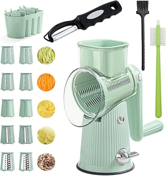 5 in 1 Rotary Cheese Grater Hand Crank, Replaceable Stainless Blades Cheese Shredder, Strong Suction Base Vegetable chopper Slicer with Cleaning Brush Peeler & Bonus Storage Box for Blades
