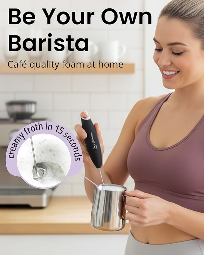 Elementi Milk Frother Wand & Drink Mixer - High Powered Hand Blender, Handheld Coffee Mixer Wand with Stand - Milk Foamer to Make Perfect Cappuccino Lattes & Hot Chocolate at Home (Purple)