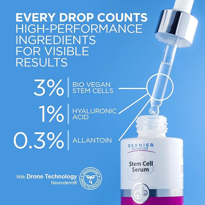 Dernier Stem Cell Serum for Face – 3% Bio Vegan Stem Cells 1% Hyaluronic Acid 0.3% Allantoin | Overnight Hydrating Anti-Aging Moisturizer for Wrinkles Collagen Boost Acne Inflammation (1 fl oz)