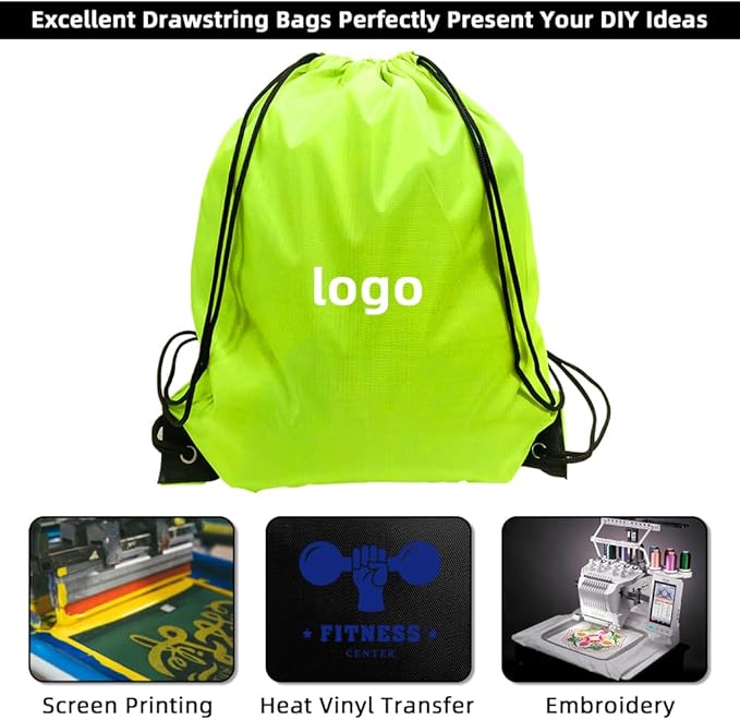 GoodtoU Drawstring Backpacks, 100 Pieces Drawstring Bags Nylon Backpack for Sport, Traveling, Team (Fluorescent Green)