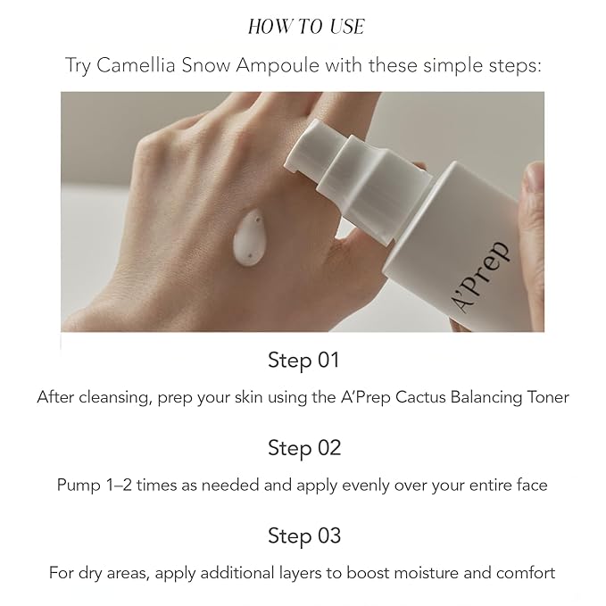 A'Prep Camellia Snow Ampoule – Hydrating & Brightening Facial Serum with Camellia Japonica, Niacinamide & Hyaluronic Acid, EWG Green Formula, Korean Skincare, 50ml