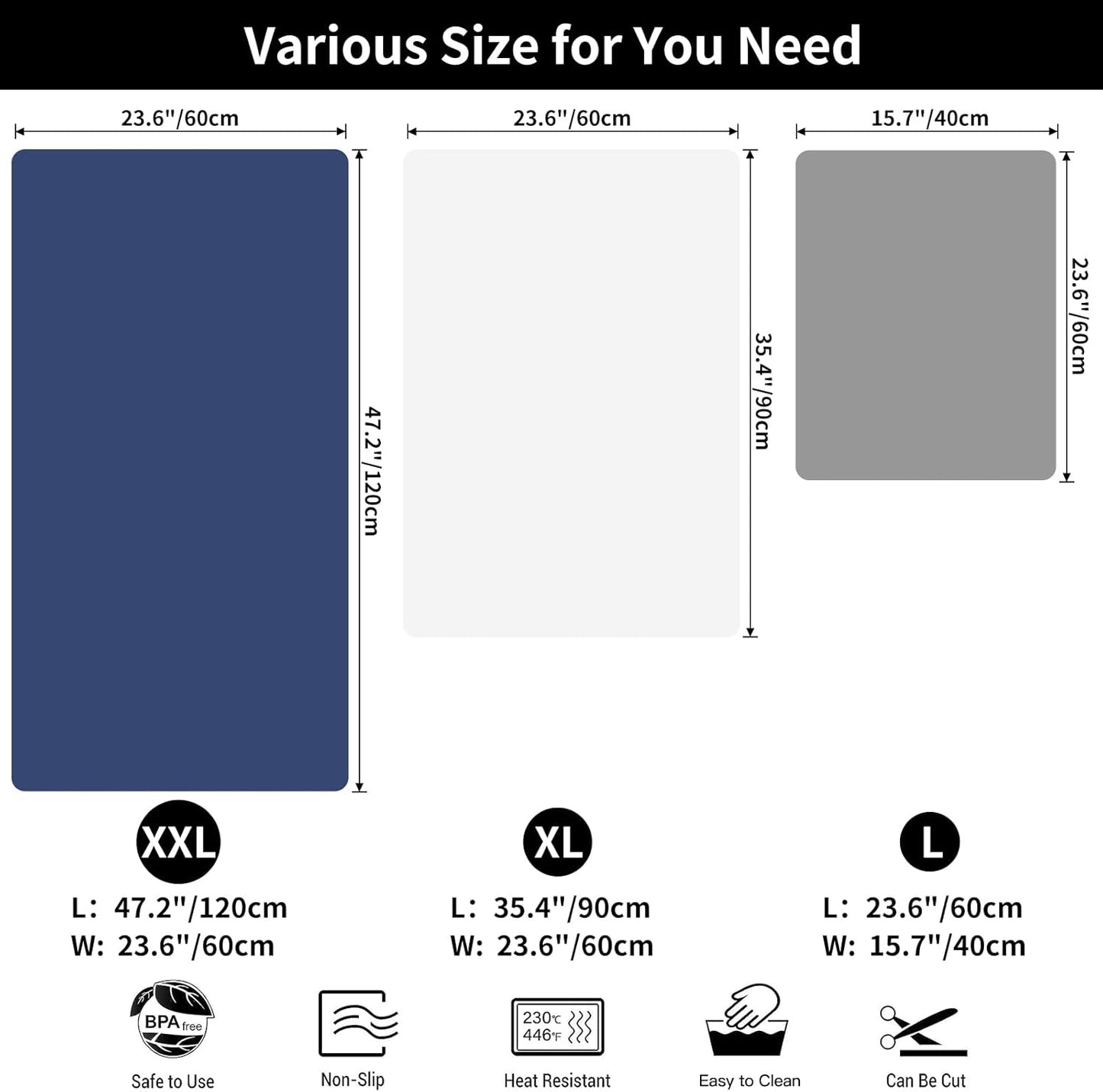 Extra Large Silicone Mats for Kitchen Counter (47.2"x23.6"x0.08"), 2mm Super-Thick Silicone Placemats for Crafts Countertop Protector, Non-Slip Heat Resistant Desk Protect Mat, Deep Blue