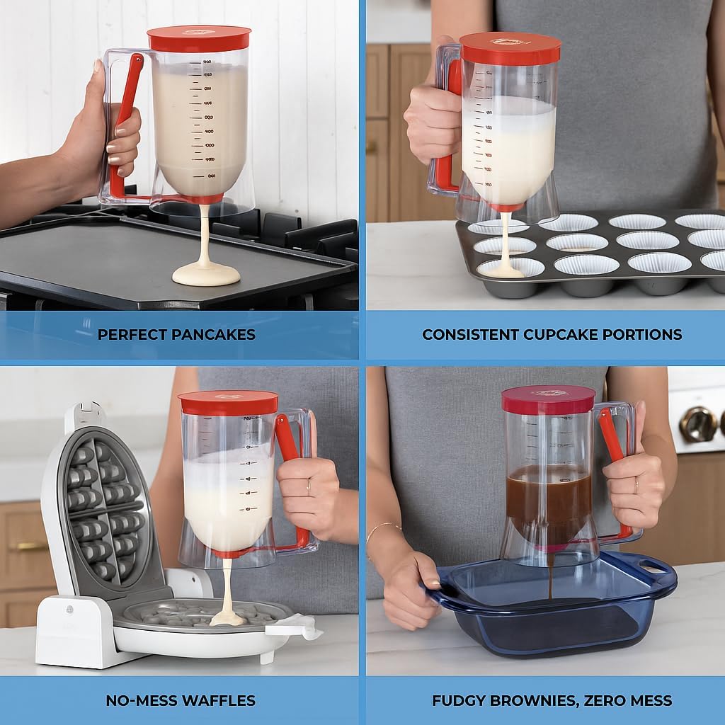Pancake Batter Dispenser - Kitchen Must Have Tool for Perfect Pancakes, Cupcake, Waffle, Muffin Mix, Cake & Crepe - Easy Pour Baking Supplies for Griddle - Pancake Maker with Measuring Label (Red)