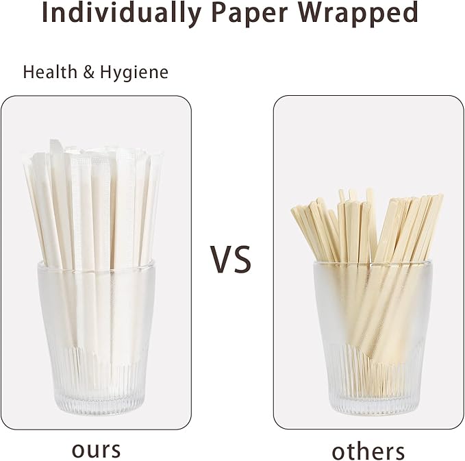 Bamboo Coffee Stirrers Individually Wrapped 500 Count, 7 inch Coffee Stir Sticks - For Hot Drinks and Cocktails, Smooth End, Disposable and Travel-Friendly