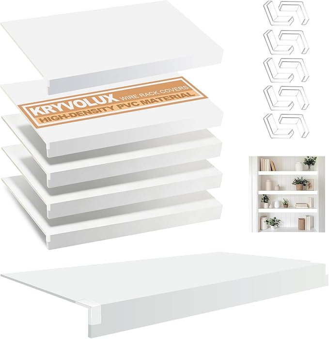 5 Pcs Wire Rack Covers 38x16x3 inch PVC Pantry Shelf Cover 0.31 inch Thick Removable Closet Wire Rack Shelf Covers,Decoration Kitchen Bathroom Office Shelving (Light luxury white,38x16x3 inch)