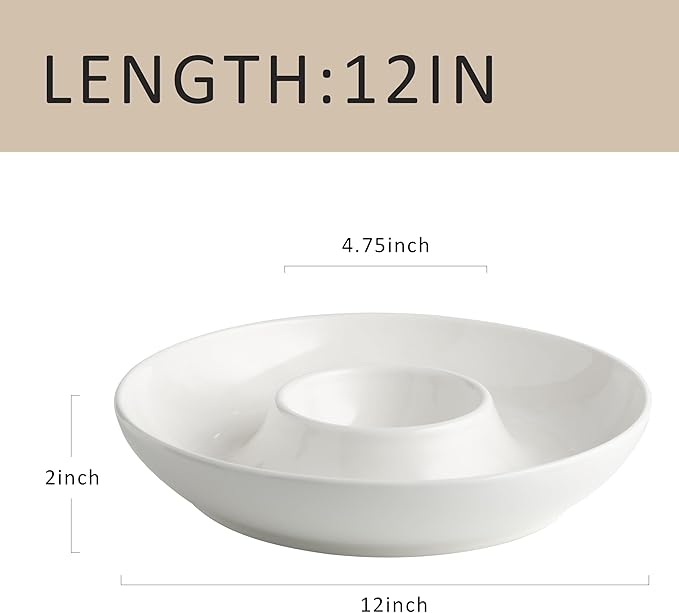 LEHAHA Ceramic Chips and Dip Serving Tray, 12 Inch Large Divided Bowls Set for Salsa, Veggies & Dip, Appetizers, Snacks, Serving Dish Platter for Parties Hosting & Entertaining. Set of 2, white