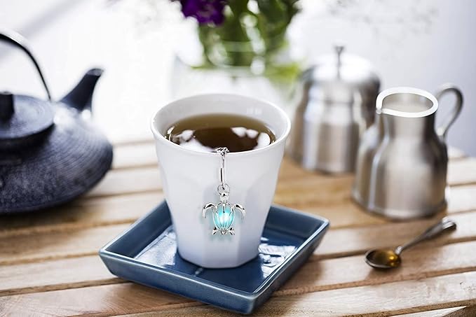 2pcs Tea Infuser TeaSanavie Loose Leaf Tea Steeper Stainless Steel Tea Ball Mesh Tea Strainer Silver Glow In The Dark Turtle Pendant Tea Filter with Extended Chain Hook for Brew Fine Loose Tea Leave