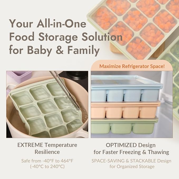 Baby Food Storage Silicone Cubes with Clip-On Lid Freezer Tray Baby Food Soups Purees Ice Safe Design Made in Korea (20cubes 0.8oz, Ocean Blue Set of 2)
