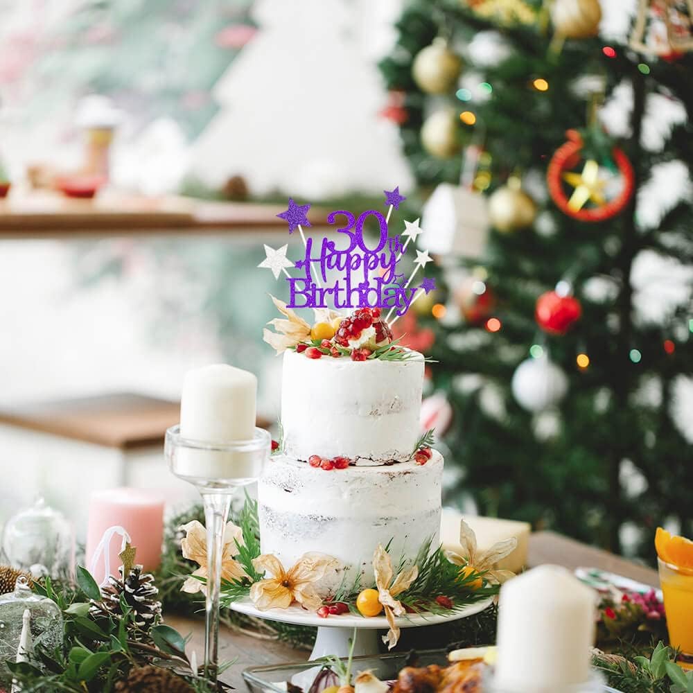 Glittery 30th Happy Birthday Cake Topper with Star,Personalised 30 Birthday Cake Toppers Party Decorations Party Supplies for Men Women Purple Silver