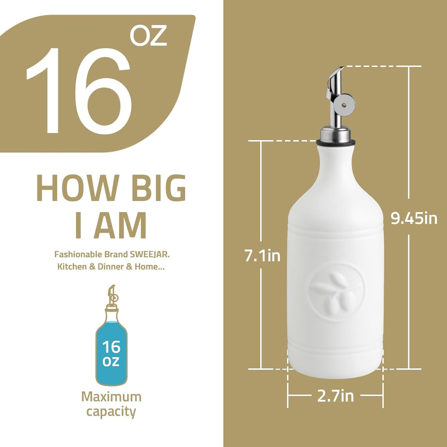 Sweejar 16 Oz Ceramic Olive Oil Dispenser Bottle, Oil Dispenser for Kitchen with Gravity Spout, Relief Opaque Vinegar Container for Evoo, Soy Sauce, 1 Pack(Fog Blue, Silver Spout)