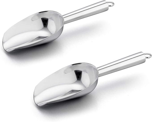 E-far 6 Ounce Ice Scoop Set of 2, Small Stainless Steel Scoops for Ice Cube/Candy/Flour/Sugar, Metal Utility Scoops for Canisters, Baking, Kitchen Pantry, Rust Free & Dishwasher Safe