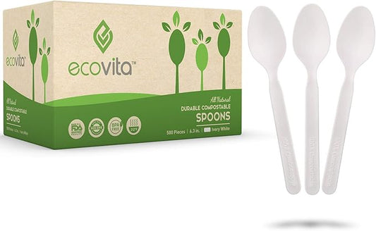 Ecovita 100% Compostable Spoons - 500 Large Disposable Utensils (6.5 in.) Bulk Size Eco Friendly Durable and Heat Resistant Alternative to Plastic Spoons with Convenient Tray