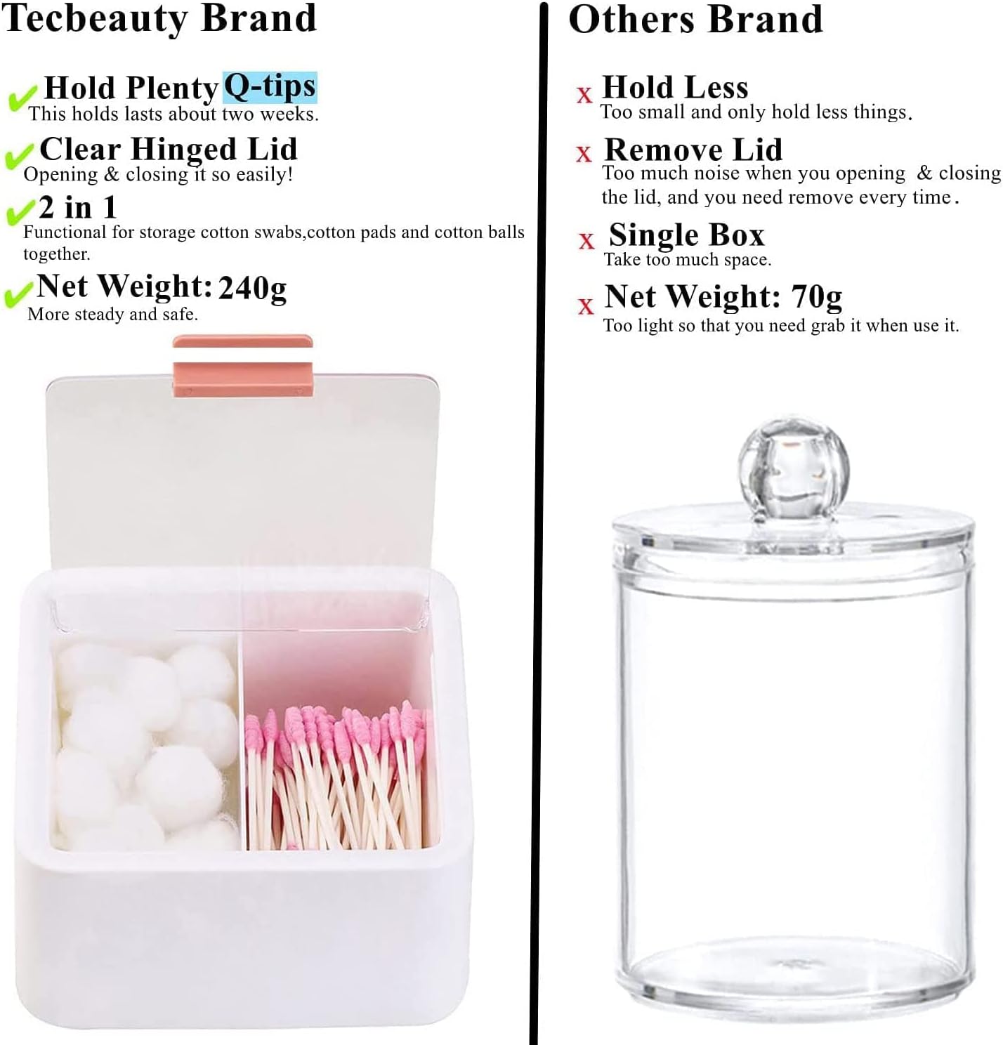 Tecbeauty 2pcs Qtips Holder - Middle Divider Cotton Pads Storage Dispenser Bathroom Organizer with Clear Hinged Lids for Cotton Balls Swabs Rounds-White & Blue