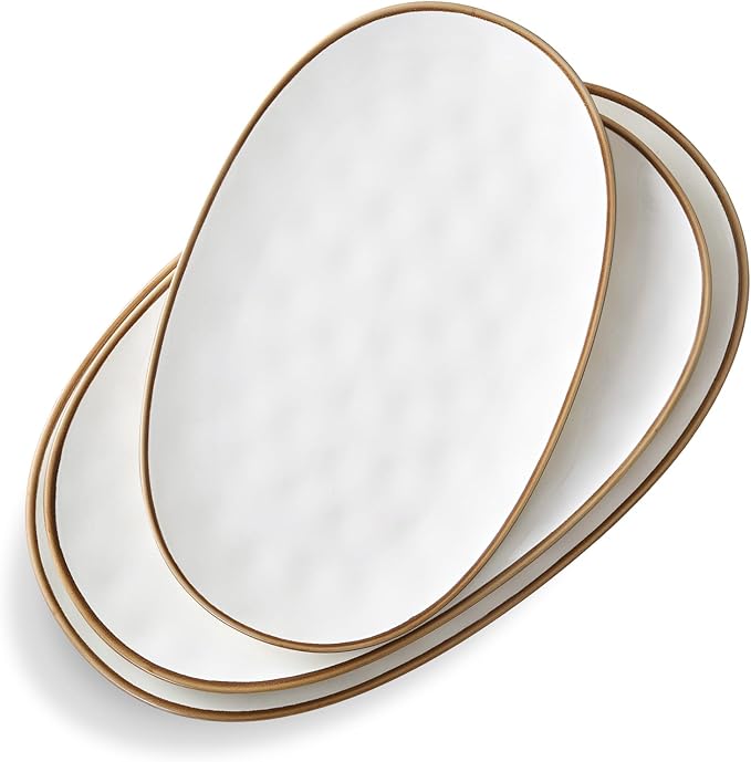 Ceramic Oval Serving Platter with Brown Rim: 15.6/14.3/12.9 Inch Large Serving Dishes for Entertaining Party, Turkey, Steak, Ham, Microwave Dishwasher Safe