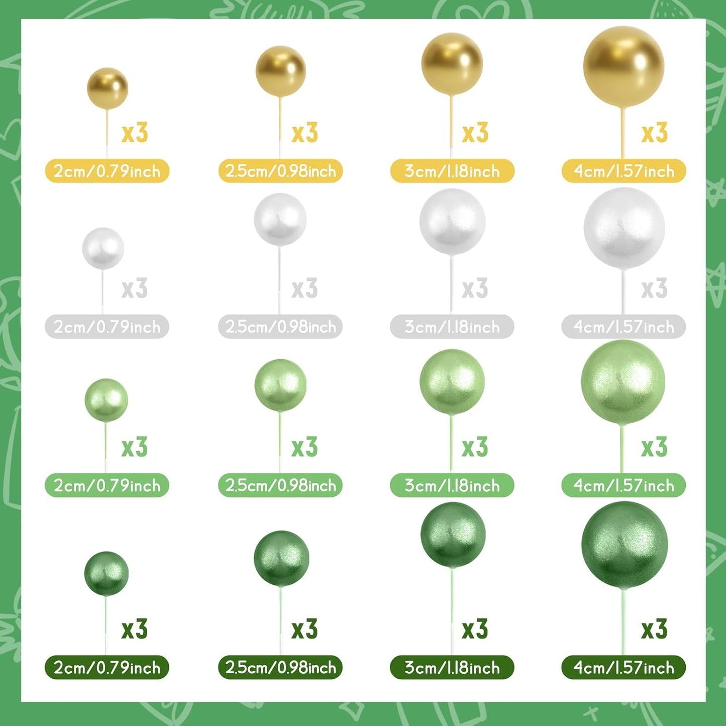 48 Pcs Balls Cake Topper Decorations Balloon Cupcake Toppers Foam Cake Topper Balls Cake Balls Decorations for Birthday Party Cake Decorating (Green, White, Gold)