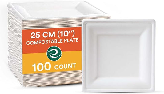 ECO SOUL Compostable Paper Plates 10 Inch (100 Count) Heavy Duty Disposable Dessert Plates, Eco-Friendly Sugarcane Bagasse Small Plates For Appetizer- White