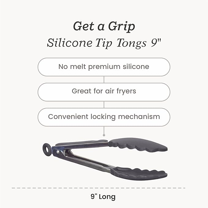 StarPack Premium Silicone Kitchen Tongs 9-Inch - Stainless Steel with Non-Stick Silicone Tips, High Heat Resistant to 600°F, For Cooking, Serving, Grill, BBQ & Salad (Gray Black)