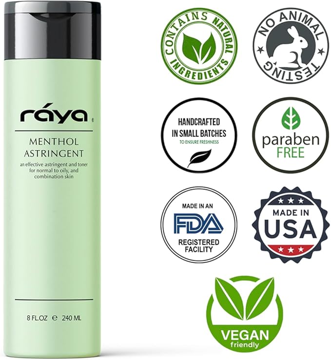 RAYA Menthol Astringent 8 oz (203) | Effective Facial Toner for Combination and Partially Oily Skin Prone to Break-Outs | Helps Refine, Tighten, and Protect pH Balance | Cools, Refreshes and Soothes