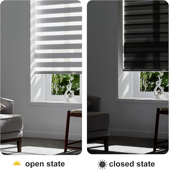 Persilux Cordless Zebra Blinds for Windows Free-Stop Roller Windows Shades (23" W X 64" H, Grey) Dual Layer Light Control for Day and Night, Light Filtering Sheer Shades for Home