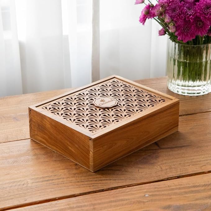 Octavius Tropical Palm Cutwork Wooden Tea Sampler Box | Premium Black & Green Tea Gift Set | 6 Flavors, 90 Tea Bags | Elegant Teas Gift Box for Tea Lovers