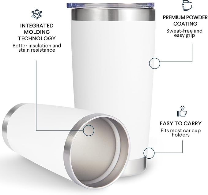 Volhoply 20oz Stainless Steel Tumbler with Lid and Straw Bulk 4 Pack,Double Wall Insulated Travel Iced Coffee Mug Fits Cup holder,Powder Coated Cups for Hot/Cold Drinks,Christmas Gifts（White,4 Set）