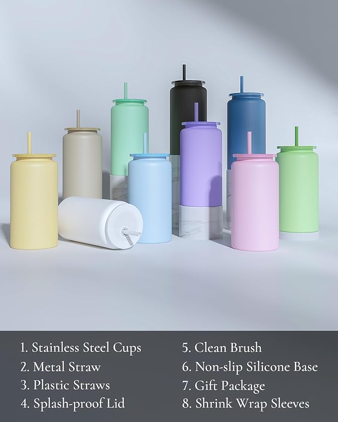 Glass Cups With Lids and Straws, 16oz Stainless Steel Drinking Vessels for Beer, Iced Coffee, Smoothies - White (Textured Matte Finish, Not Sublimatable)