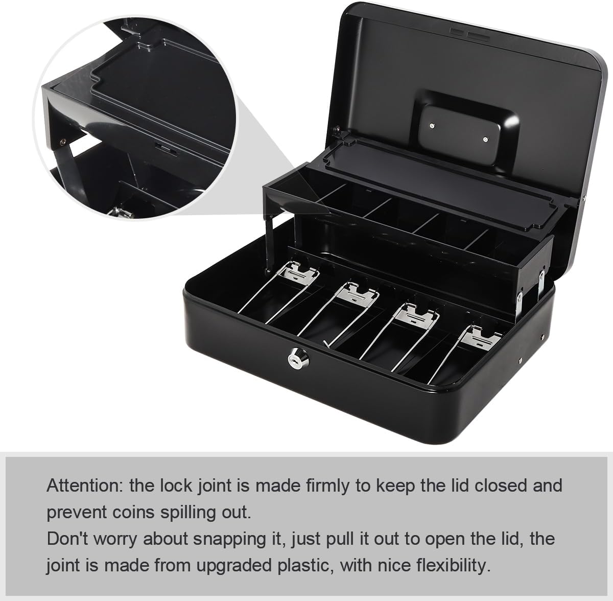 Jssmst Locking Cash Box with Money Tray and Lock, Money Lock Box with Coin Lid, 11.8L x 9.5W x 3.5H Inches, Safe Money Box with Key Lock, Black, SM-CB0511B