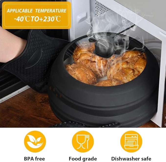 Tall Microwave Splatter Cover Glass Cover Guard Lid 5.8 inch Height with Collapsible Silicone for Food Pot Plate 10.8 inch Black