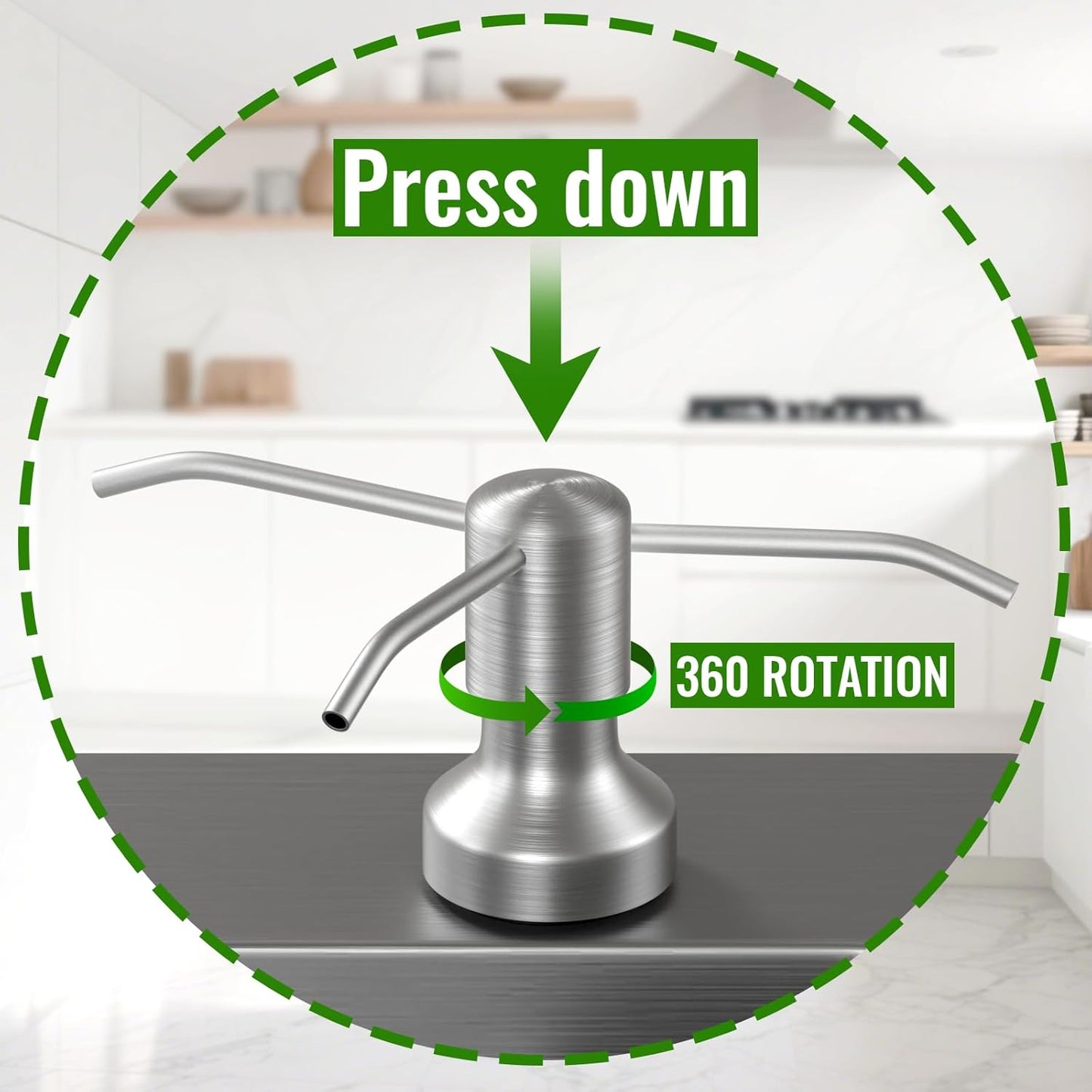Soap Dispenser for Kitchen Sink, Kitchen Sink Soap Dispenser with 17 OZ Bottle, Refill from The Top Bar, Longer Threaded Shaft Shank, Wide Pump Head Base (Brushed Nickel)