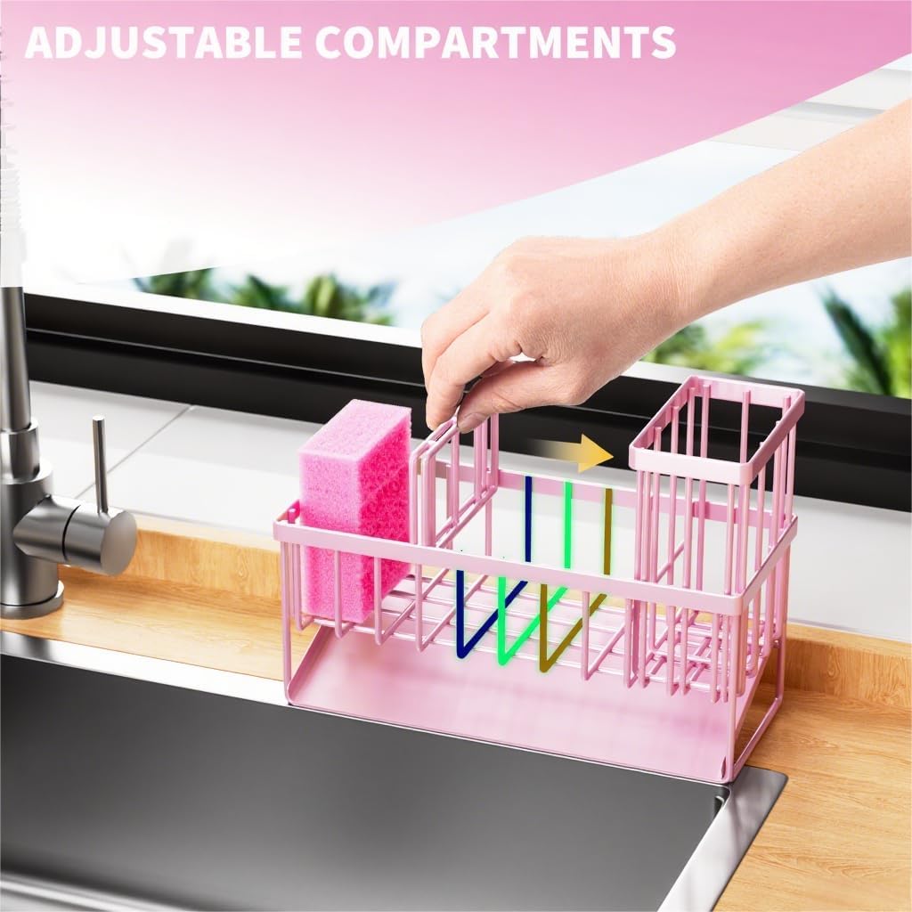 Cisily Pink Kitchen Sink Caddy Organzier with High Brush Holder, Sponge Holder for Sink, 304 Rustproof Stainless, Kitchen Countertop Soap Dispenser Organizer