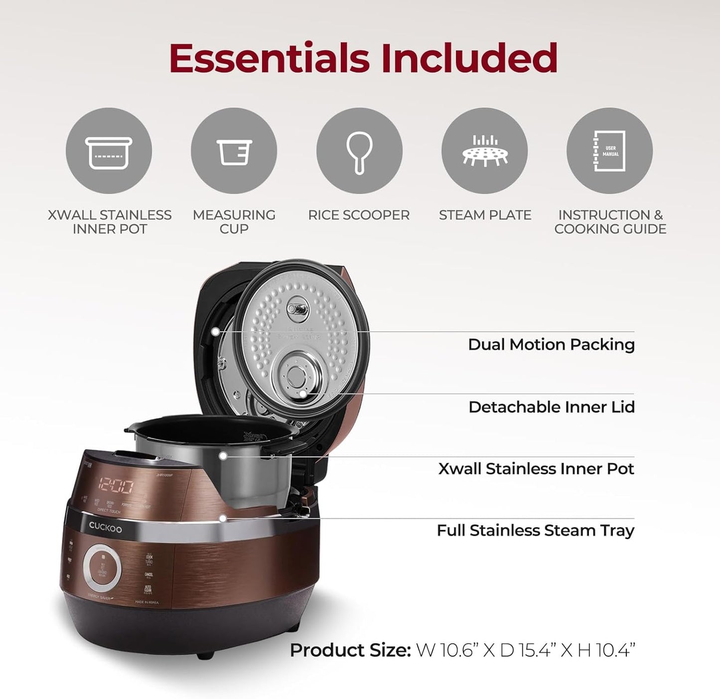 CUCKOO CRP-JHR0609F 6-Cup (Uncooked) / 12-Cup (Cooked) Induction Heating Pressure Rice Cooker with Nonstick Inner Pot, 16 Menu Options, Fuzzy Logic Tech, 3 Voice Guide, Auto Clean (Copper/Black)