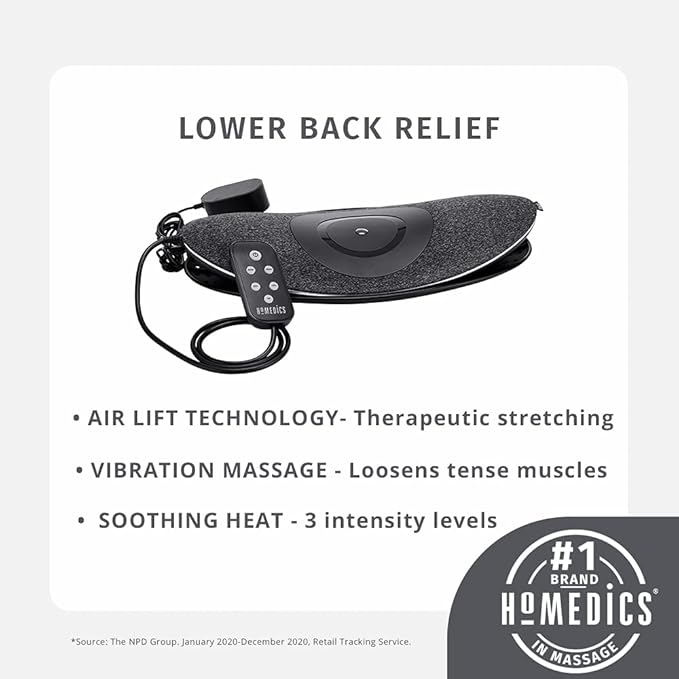 Homedics Lumbar Lift Back Stretcher with Vibration Massage and Soothing Heat, Air Lift Technology, Adjustable Intensity, 2 Auto Programs, Compact and Portable, Increases Flexibility, Relieves Pain