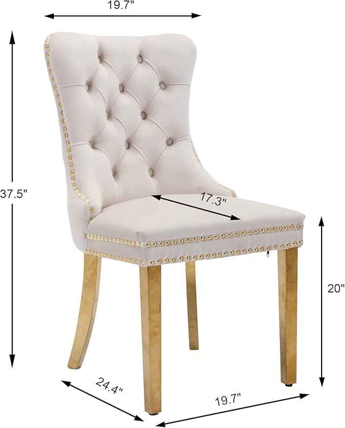 Beige Velvet Dining Room Chairs Set of 2, Upholstered Dining Chairs with Back Ring Pull Trim and Golden Stainless Steel Legs,Modern Kitchen Chairs for Dining Room,Living Room,Kitchen(Beige)