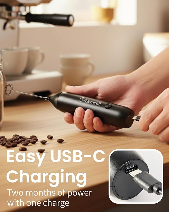 Elementi Rechargeable Milk Frother Wand & Drink Mixer Handheld - Powerful USB-C Rechargeable Frother - Hand Held Milk Foamer Whisk to Make Perfect Cappuccinos, Lattes & Drink Mixes (Mint Green)