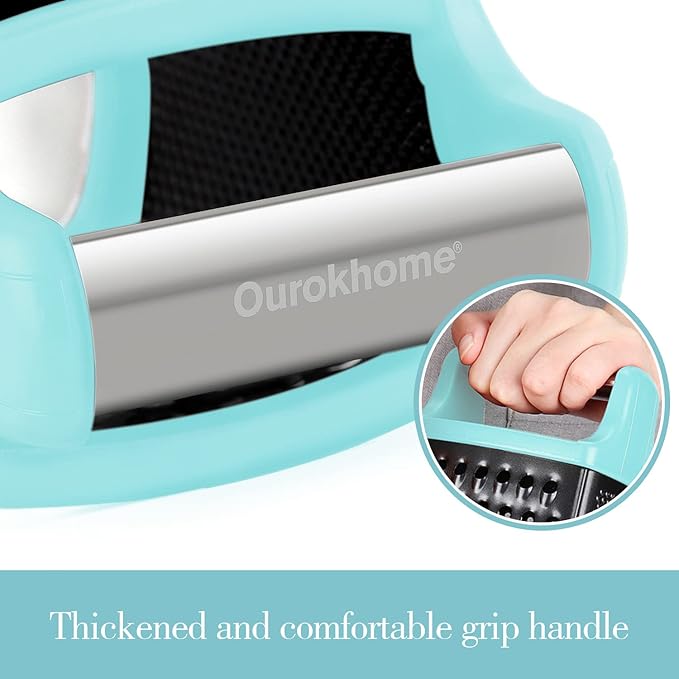 Ourokhome Cheese Grater with Handle, Stainless Steel Box Grater, 4 Side Kitchen Vegetable Shredder Slicer Zester with Container for Parmesan, Cabbage, Ginger, Lemon, Chocolate, Coconut (Teal black)