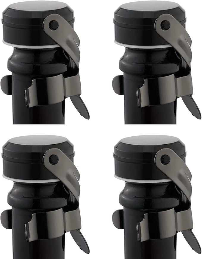 WOTOR Champagne&Wine Bottle Stoppers Stainless Steel with Food Grade Silicone, Leak Proof Keep Fresh Reusable Saver, Cork Suitable for Wine, Champagne, Cava, Prosecco and Sparkling (4 Pack Black）