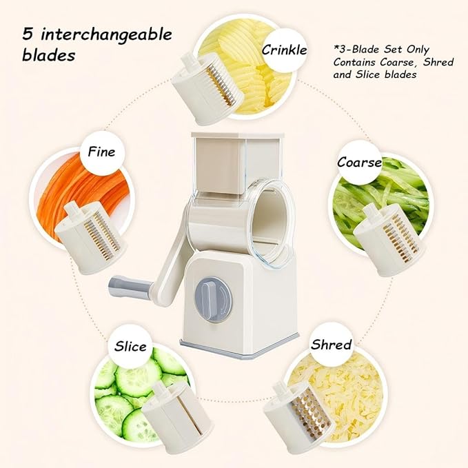 Rotary Cheese Grater with Hand Crank, Multi-Purpose Shredder Slicer with 5 Interchangeable Stainless Steel Blades for Shredding, Slicing, and Grating Cheese, Vegetables, and Fruit (Beige)