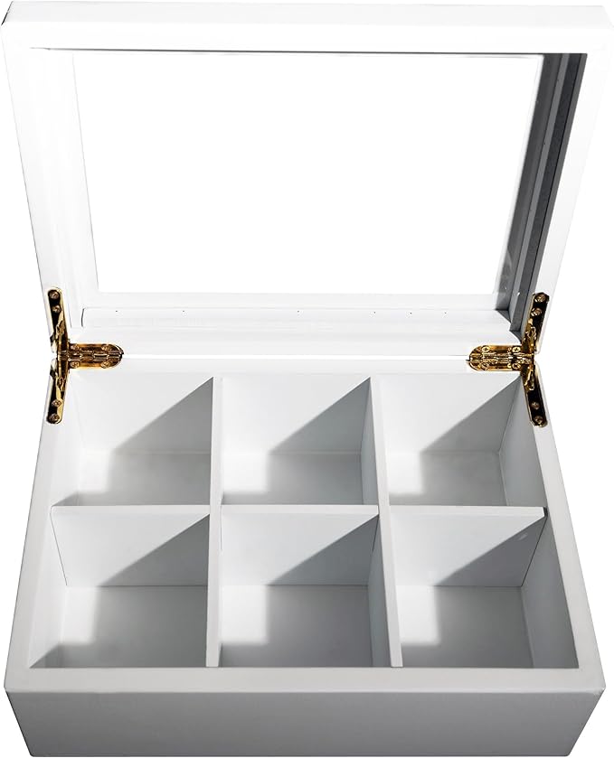 Break Tradition Wooden Tea Organizer For Tea Bags - Wooden Tea Chest With 6 Compartments - Clear Top Window - Lid Stays Open (White)