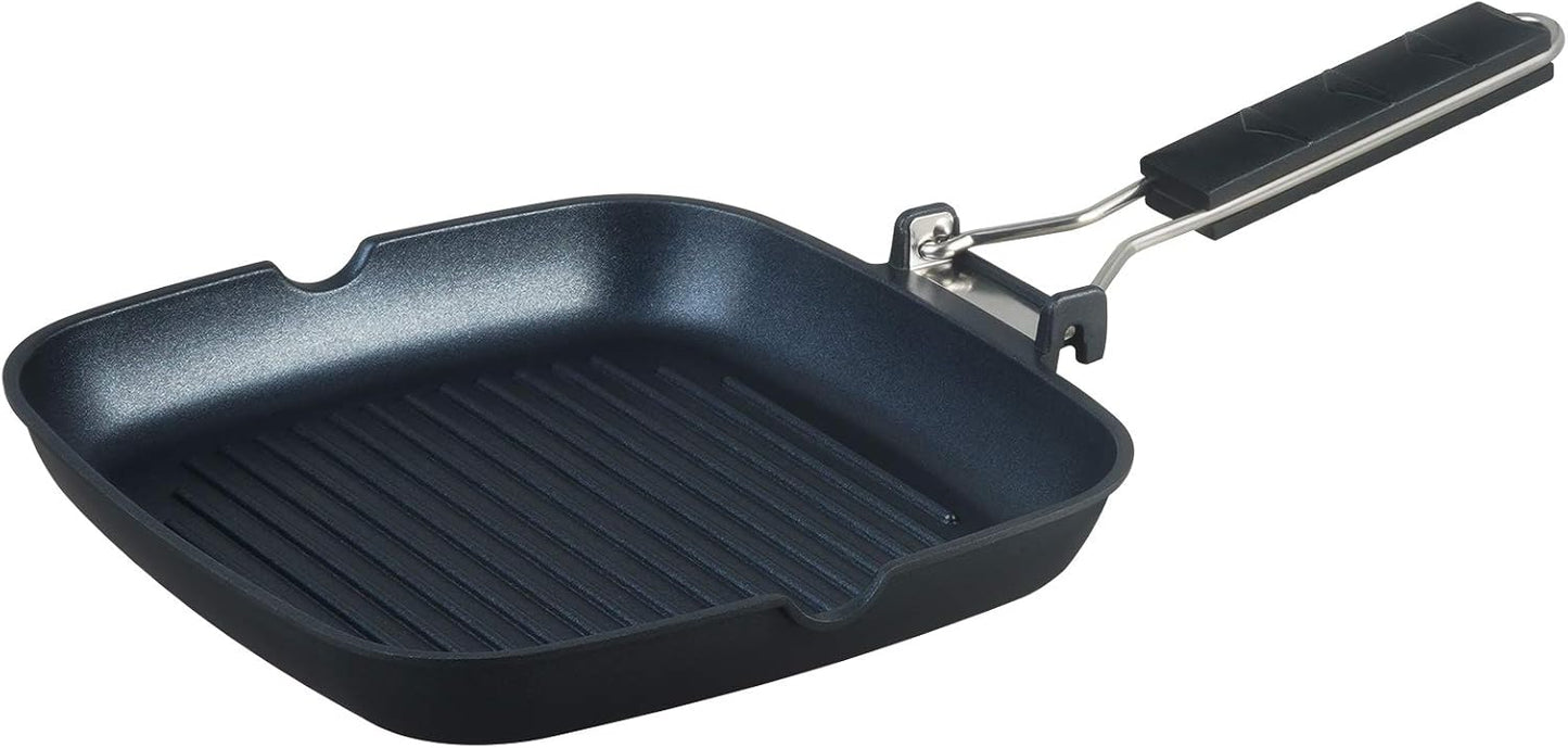 SKITCHN Grill Pan With Folding Handle, Nonstick for Stove Tops, Induction Compatible KBBQ With Pour Spouts, Indoor Square BBQ Grilling - 9IN