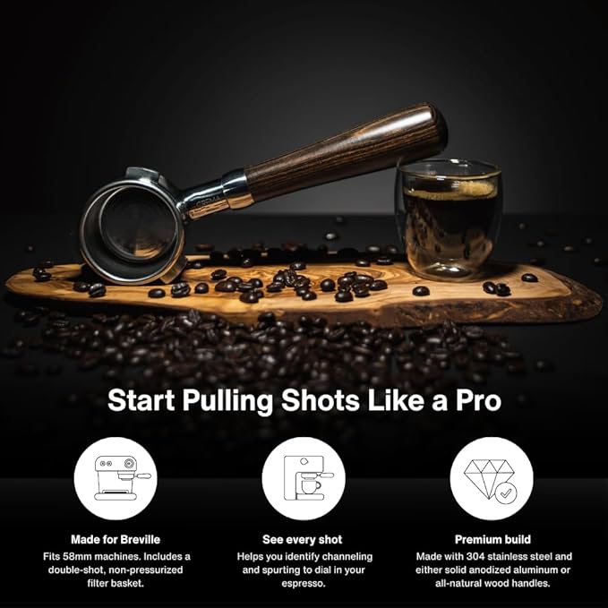 CREMA Coffee Products 58mm Bottomless Naked Portafilter | Compatible with 58mm for E61 | Includes Double Shot Filter Basket | Walnut