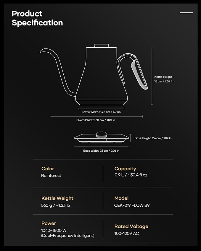Cocinare Barista Collection Gooseneck Electric Kettle, ±1℉ Precise Temperature Control for Pour-Over Coffee & Tea, Quick Heating 1500W, Stainless Steel Interior, 0.9L (Rainforest)