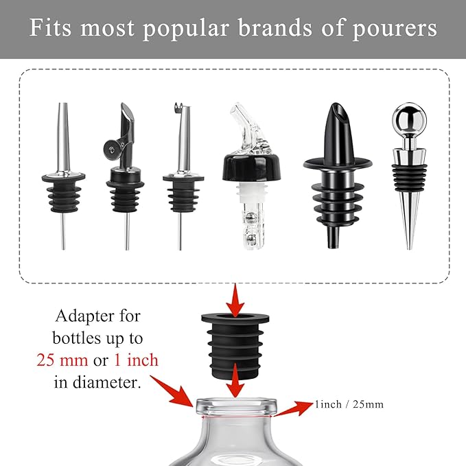 12-Pack Liquor Bottle Pourers with Adapters, Liquor Pour Spout Adapters set for for Large Olive Oil Bottles and Liquor Bottles - Up to 1 Inch/25mm Neck Converts Any Spout into a Large Pour Spout,Gold