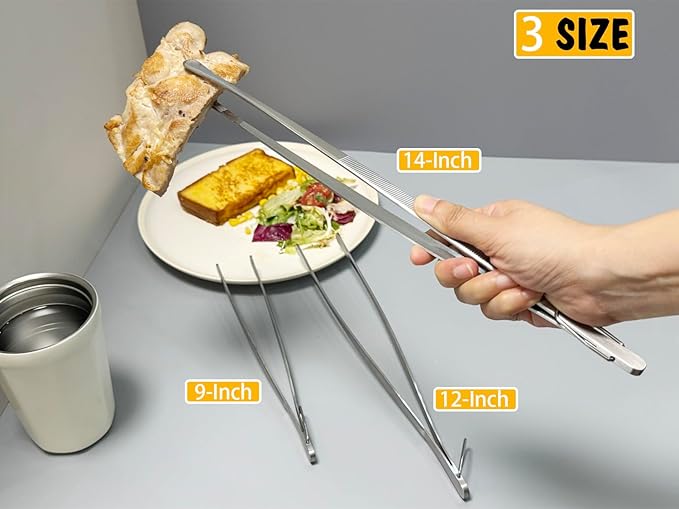 JETKONG 3 Pcs Extra Long Kitchen Tweezers Heavy Duty Stainless Steel Cooking Tweezers (9 12 14 Inch, Silver)