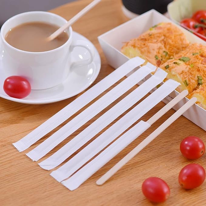MFJUNS 500pcs Individually Wrapped Coffee Stirrers Wood - 7" Coffee Stir Sticks, Round End Disposable coffee stirrer, For Coffee, Cocktail and Hot Drinks