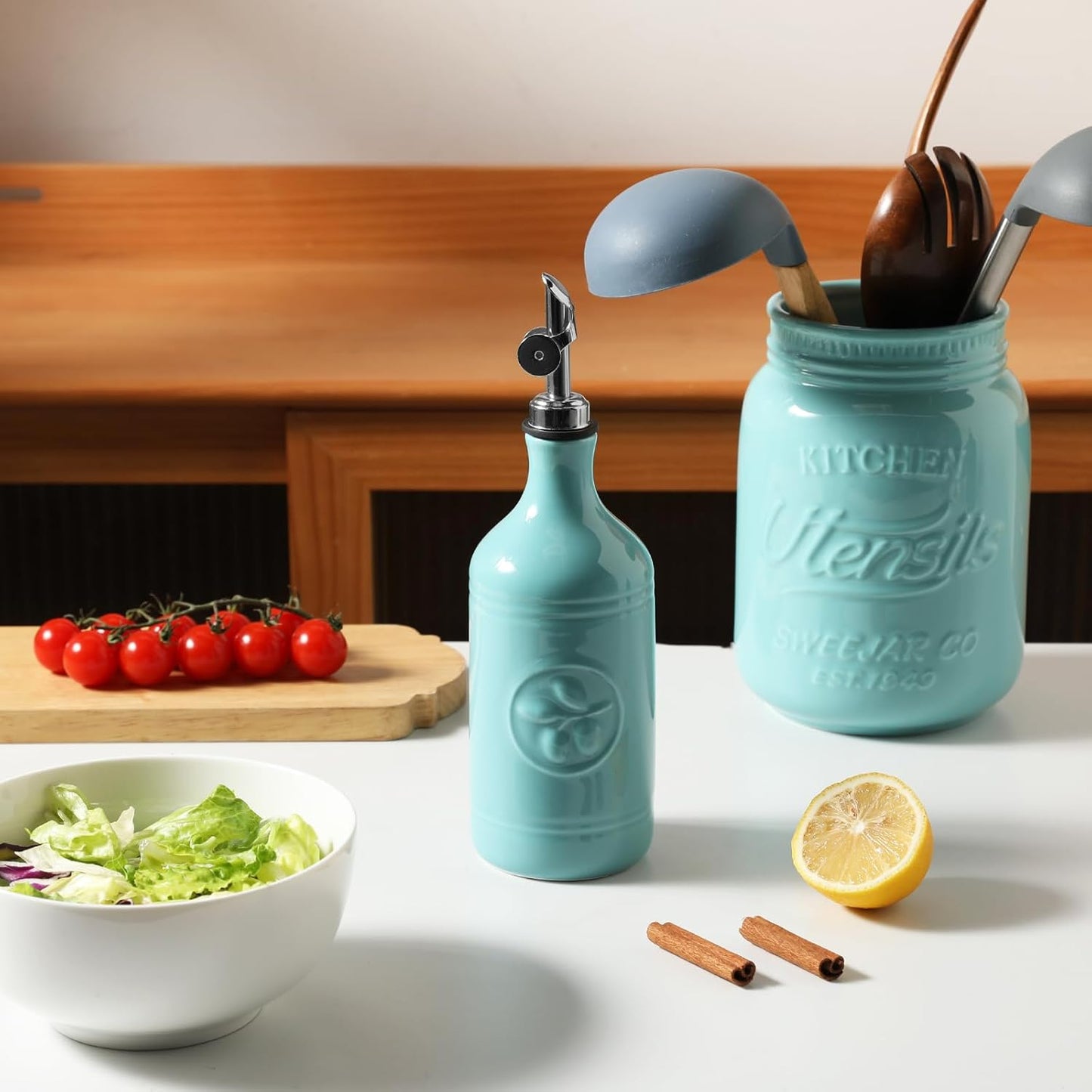 Sweejar 16 Oz Ceramic Olive Oil Dispenser Bottle, Oil Dispenser for Kitchen with Gravity Spout, Relief Opaque Oil Container for Evoo, Avocado Oil, Vinegar, Soy Sauce, 1 Pack(Turquoise, Silver Spout)