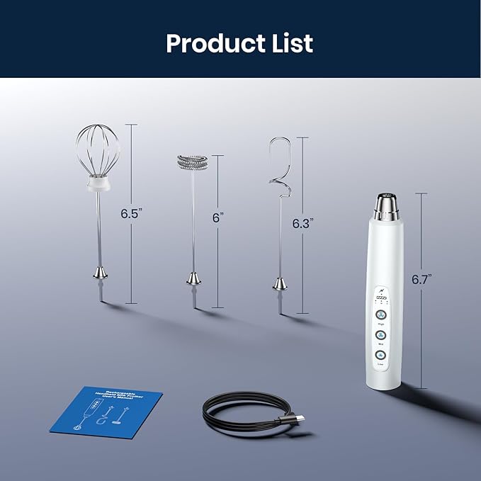 Sakgos Milk Frother Rechargeable Handheld-Electric Whisk 3 Speed Adjustable, Coffee Frother Wand with 3 Stainless Whisks, Electric Foam Maker, Drink Mixer Blender for Latte Cappuccino Matcha Egg