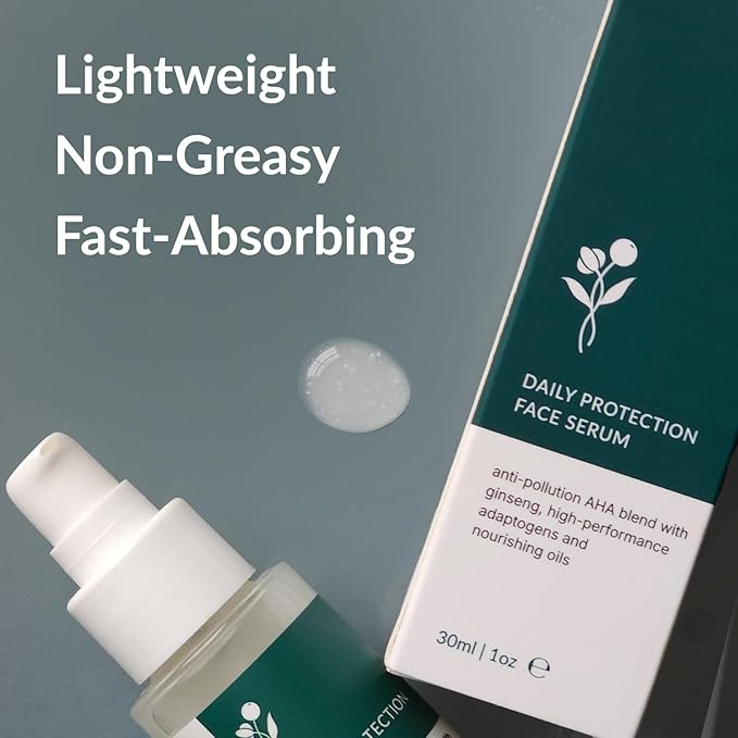 Daily Protection Face Serum, Powerful Multi-Functional Treatment: Protects from Pollution, Fights Wrinkles, Brightens & Hydrates | With Natural AHA, Adaptogens and Nourishing Oils | 30ML