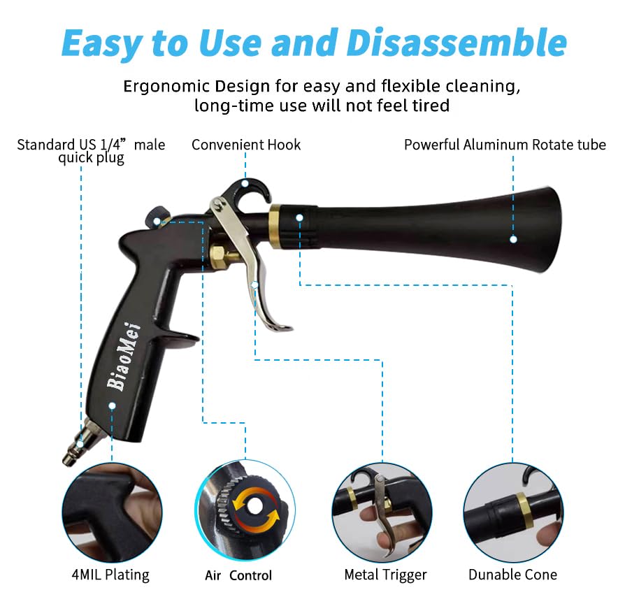DOZIME High Pressure Car Interior Cleaning Gun Automobile Detailing Washing Gun with Brush-Works with Air Compressor(Aluminium Rotate Tube),Z-014 with Air Regulator Control