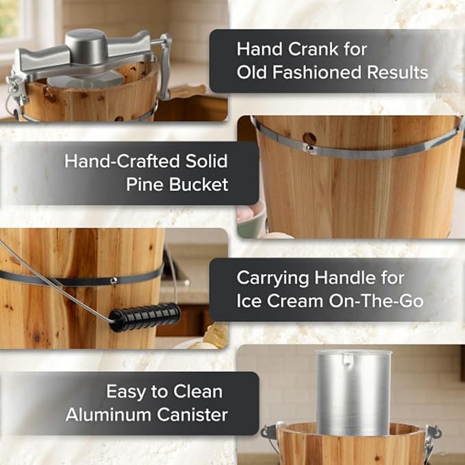 Electric Ice Cream Maker Machine - 4 Quart Old Fashioned Icecream Maker with Hand Crank and Electric Paddle - Pine Wood Bucket Ice Cream Machine for Frozen Yogurt, Gelato, Sorbet by Classic Cuisine